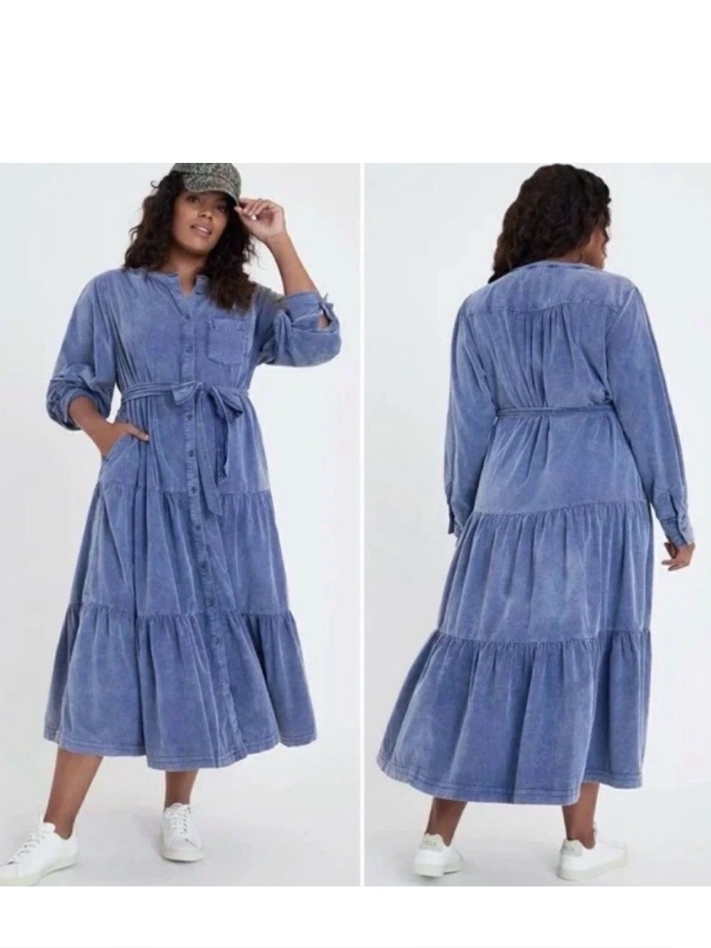 Anthropologie Pilcro Marta 100% Cotton Tie Tiered Corduroy Midi Dress Blue Small